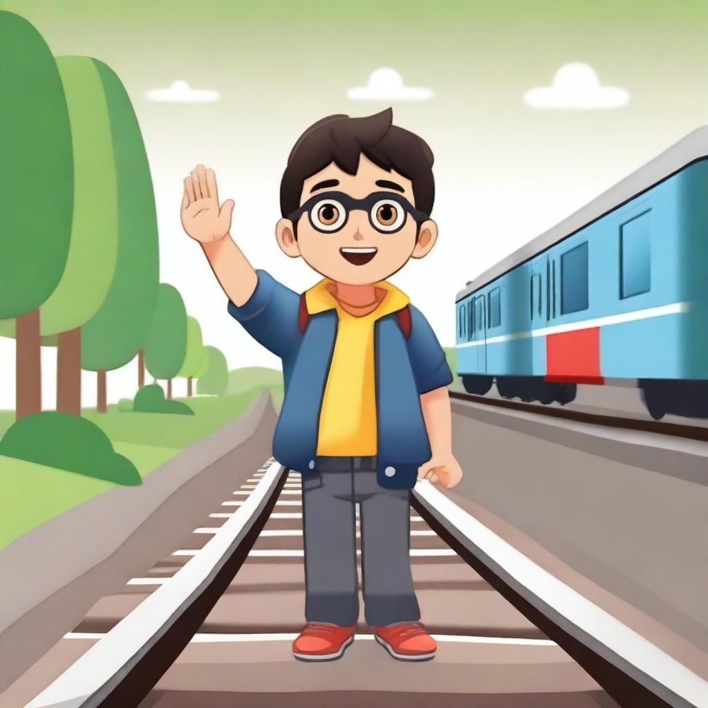 A young boy standing confidently on a railway track, holding his hand up to signal an oncoming train to stop