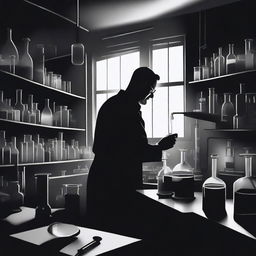 Create a black and white image of a chemist working in a dark, shadowy laboratory