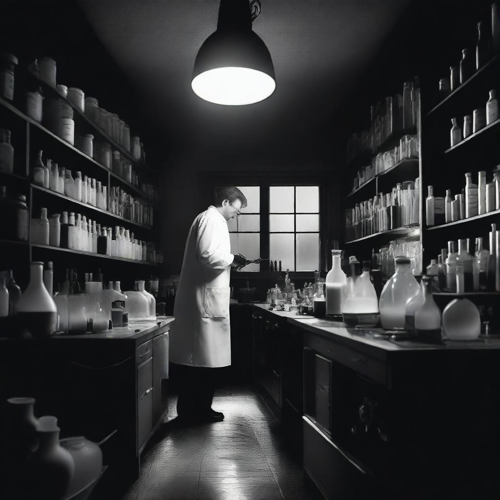 Create a black and white image of a chemist working in a dark, shadowy laboratory