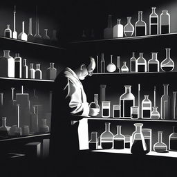 Create a black and white image of a chemist working in a dark, shadowy laboratory