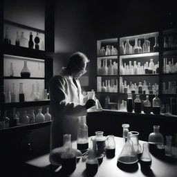 Create a black and white image of a chemist working in a dark, shadowy laboratory