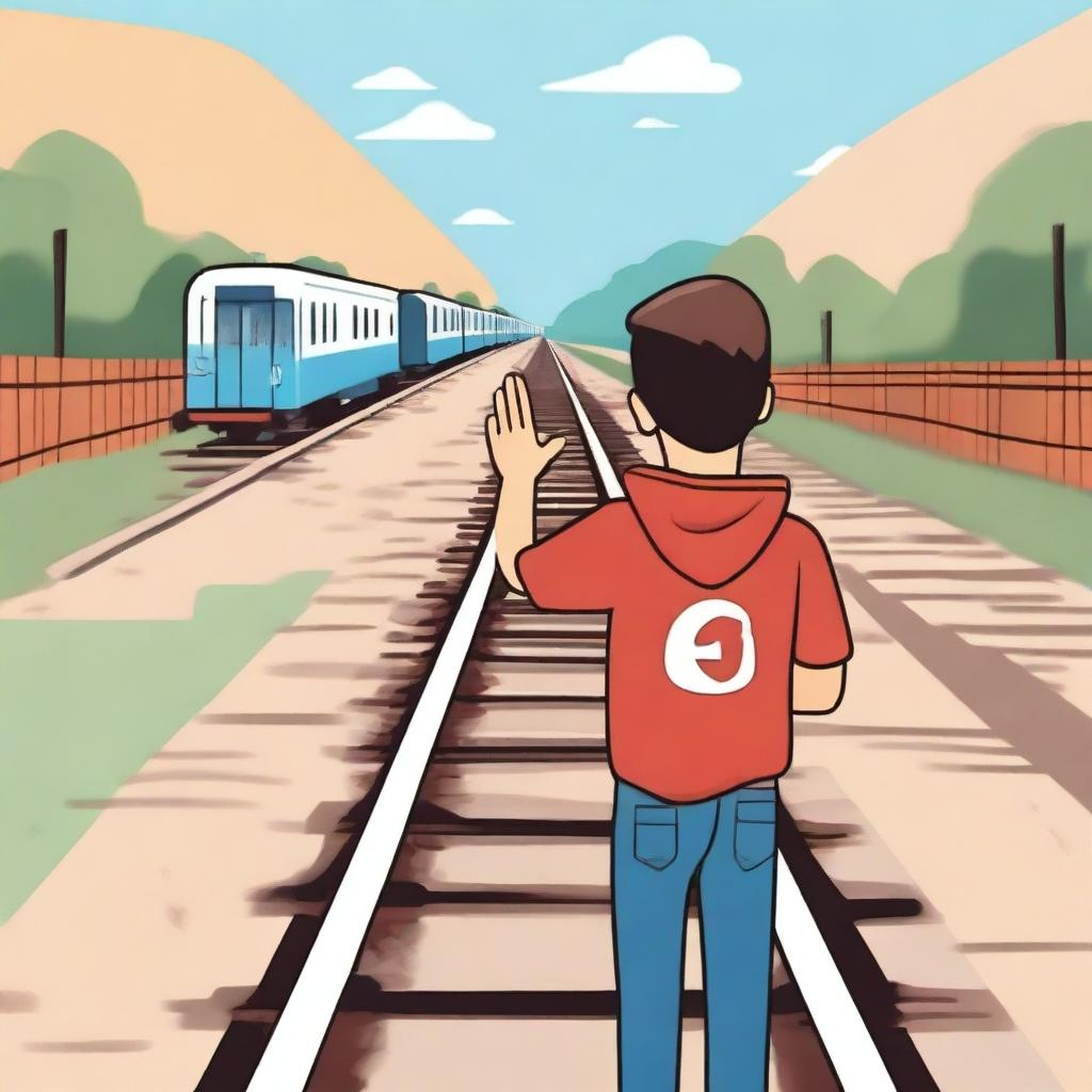 A boy standing on a railway track holding his hand up signaling an oncoming train to stop