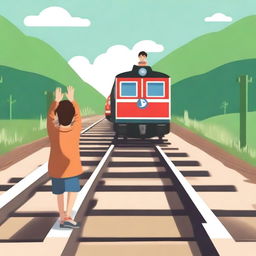 A boy standing on a railway track holding his hand up signaling an oncoming train to stop