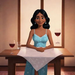 Disney-styled animation of an Indian girl sitting comfortably at a table in a nighty, enjoying a glass of wine.