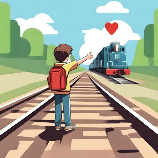 A boy standing on a railway track holding his hand up signaling an oncoming train to stop