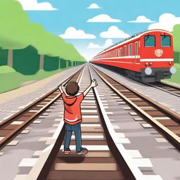 A boy standing on a railway track holding his hand up signaling an oncoming train to stop