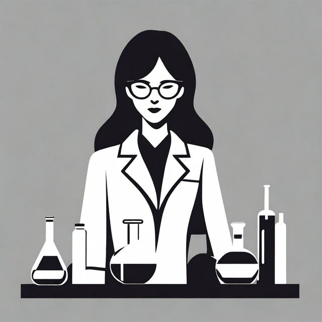 A minimalist black and white illustration of a female chemist