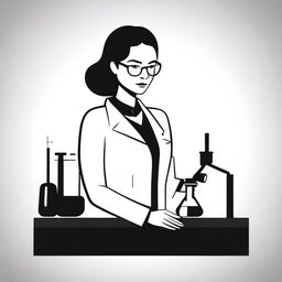 A minimalist black and white illustration of a female chemist