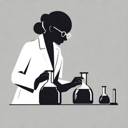 A minimalist black and white illustration of a female chemist