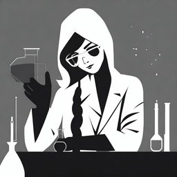 A minimalist black and white illustration of a female chemist