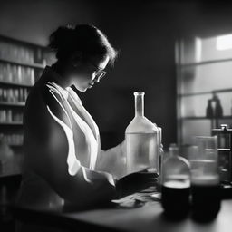 A dark, black and white image of a chemist woman without a visible face