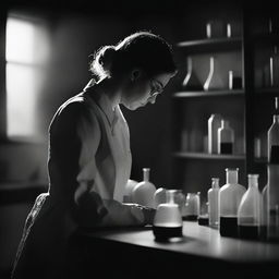 A dark, black and white image of a chemist woman without a visible face