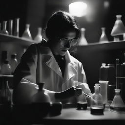 A dark, black and white image of a chemist woman without a visible face