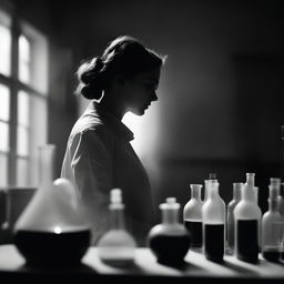 A dark, black and white image of a chemist woman without a visible face