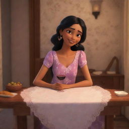 Disney-styled animation of an Indian girl sitting comfortably at a table in a nighty, enjoying a glass of wine.