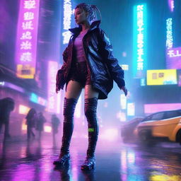 A cyberpunk girl dancing in the rain, neon lights reflecting off the wet streets