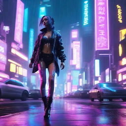 A cyberpunk girl dancing in the rain, neon lights reflecting off the wet streets