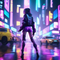 A cyberpunk girl dancing in the rain, neon lights reflecting off the wet streets