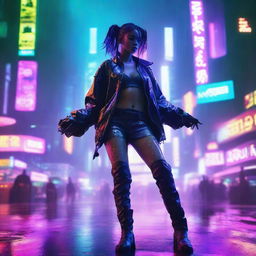 A cyberpunk girl dancing in the rain, neon lights reflecting off the wet streets