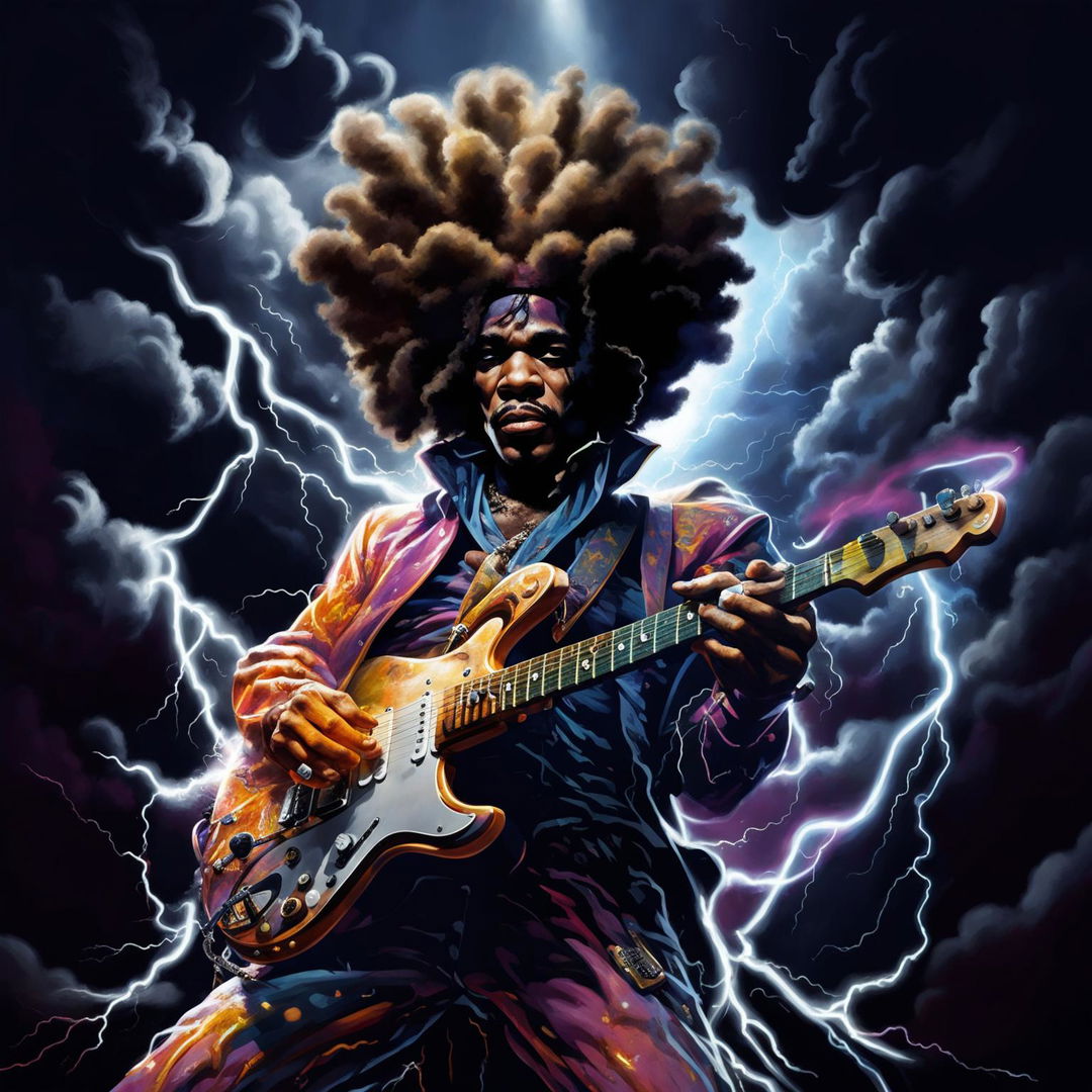 Jimi Hendrix playing a guitar made of lightning under a dark, stormy sky