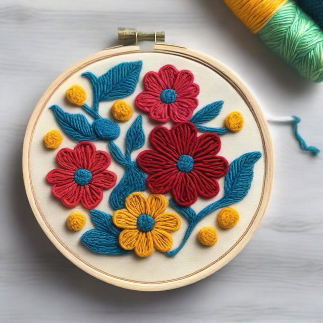 Create an intricate punch needle emboss design featuring floral patterns with vibrant colors