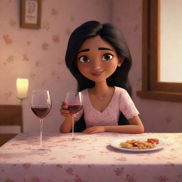 Cute and charming Disney-styled animation of an Indian girl sitting at a table in a cozy nighty, contentedly savoring a glass of wine.