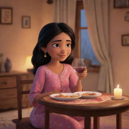 Cute and charming Disney-styled animation of an Indian girl sitting at a table in a cozy nighty, contentedly savoring a glass of wine.