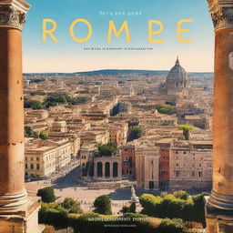 A catchy travel guide cover featuring a scenic shot of Rome from above