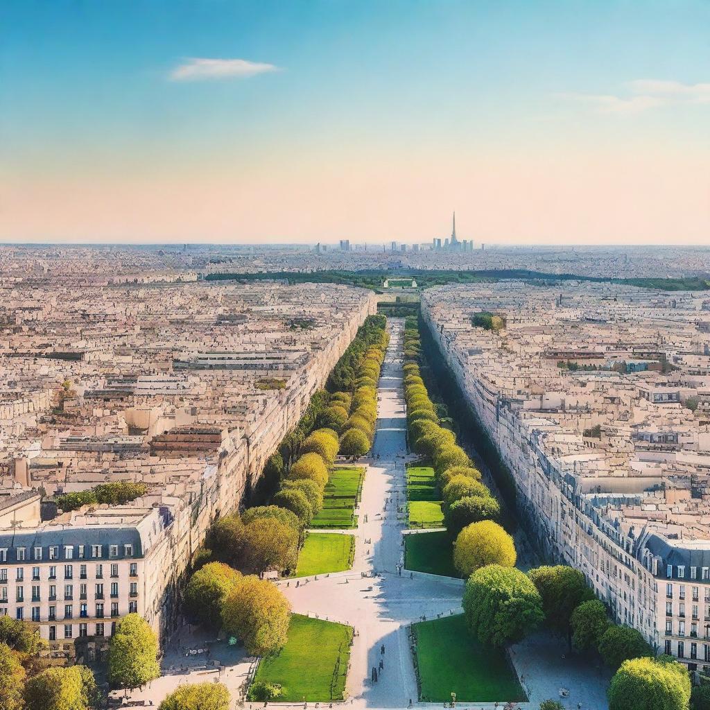 Create a catchy travel guide cover featuring a scenic shot of Paris from above