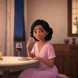 Cute and charming Disney-styled animation of an Indian girl sitting at a table in a cozy nighty, contentedly savoring a glass of wine.