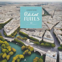 Create a catchy travel guide cover featuring a scenic shot of Paris from above