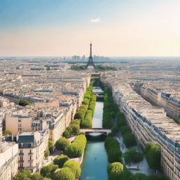 Create a catchy travel guide cover featuring a scenic shot of Paris from above