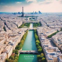 Create a catchy travel guide cover featuring a scenic shot of Paris from above