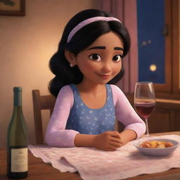 Cute and charming Disney-styled animation of an Indian girl sitting at a table in a cozy nighty, contentedly savoring a glass of wine.