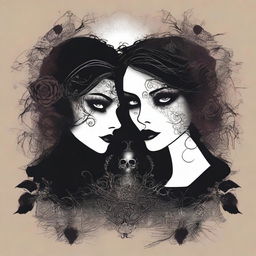 Create a dark and moody image with a gothic feel, featuring two faces or silhouettes with intense, captivating eyes that suggest a deep, possibly troubled connection