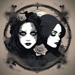 Create a dark and moody image with a gothic feel, featuring two faces or silhouettes with intense, captivating eyes that suggest a deep, possibly troubled connection