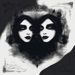 Create a dark and moody image with a gothic feel, featuring two faces or silhouettes with intense, captivating eyes that suggest a deep, possibly troubled connection