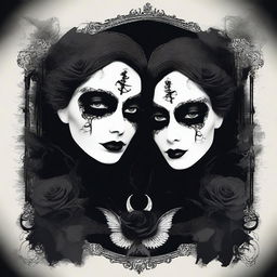 Create a dark and moody image with a gothic feel, featuring two faces or silhouettes with intense, captivating eyes that suggest a deep, possibly troubled connection