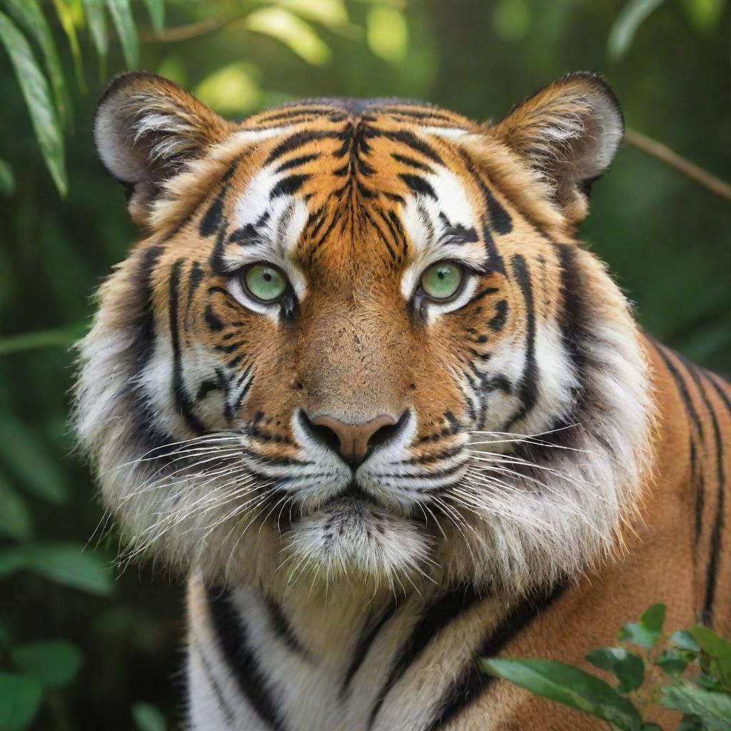 Depict Tango, a magnificent tiger living in the heart of a dense jungle. His fur shimmers in the sunlight, his stripes resemble golden ribbons, and his gleaming emerald-green eyes exude pride.