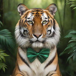 Depict Tango, a magnificent tiger living in the heart of a dense jungle. His fur shimmers in the sunlight, his stripes resemble golden ribbons, and his gleaming emerald-green eyes exude pride.