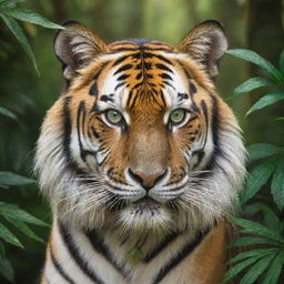 Depict Tango, a magnificent tiger living in the heart of a dense jungle. His fur shimmers in the sunlight, his stripes resemble golden ribbons, and his gleaming emerald-green eyes exude pride.