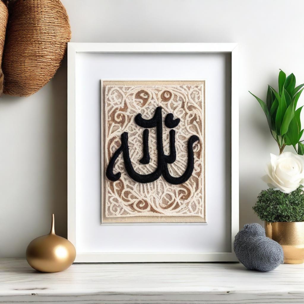 Create an intricate punch needle emboss art featuring the name 'Allah' on an A4 size frame