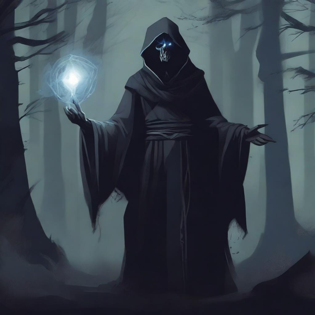 A detailed illustration of a human necromancer, dressed in dark, tattered robes, wielding a staff with a glowing crystal