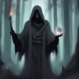 A detailed illustration of a human necromancer, dressed in dark, tattered robes, wielding a staff with a glowing crystal