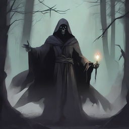 A detailed illustration of a human necromancer, dressed in dark, tattered robes, wielding a staff with a glowing crystal