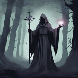 A detailed illustration of a human necromancer, dressed in dark, tattered robes, wielding a staff with a glowing crystal