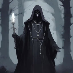 A detailed illustration of a human necromancer, dressed in dark, tattered robes, wearing a silver chain around their neck, and wielding a staff with a glowing crystal