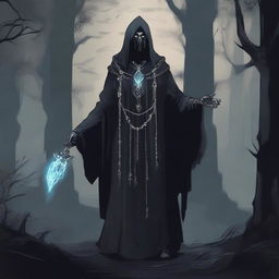 A detailed illustration of a human necromancer, dressed in dark, tattered robes, wearing a silver chain around their neck, and wielding a staff with a glowing crystal