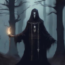 A detailed illustration of a human necromancer, dressed in dark, tattered robes, wearing a silver chain around their neck, and wielding a staff with a glowing crystal