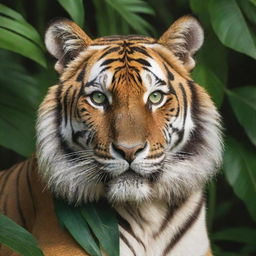 Depict Tango, a magnificent tiger living in the heart of a dense jungle. His fur shimmers in the sunlight, his stripes resemble golden ribbons, and his gleaming emerald-green eyes exude pride.